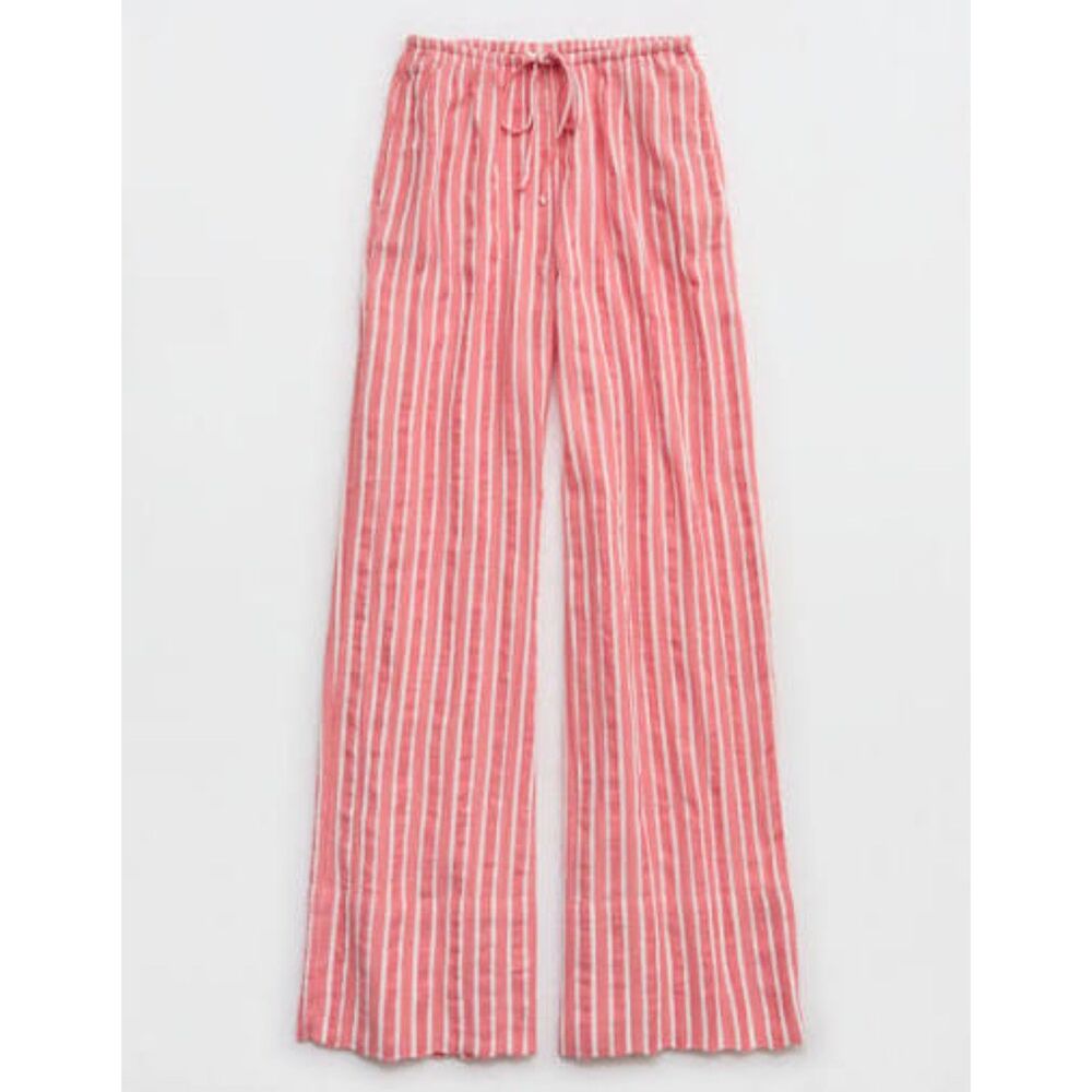 NEW Aerie Women's L LONG TALL Day-Off Pants Wide leg pink peach striped cover-up